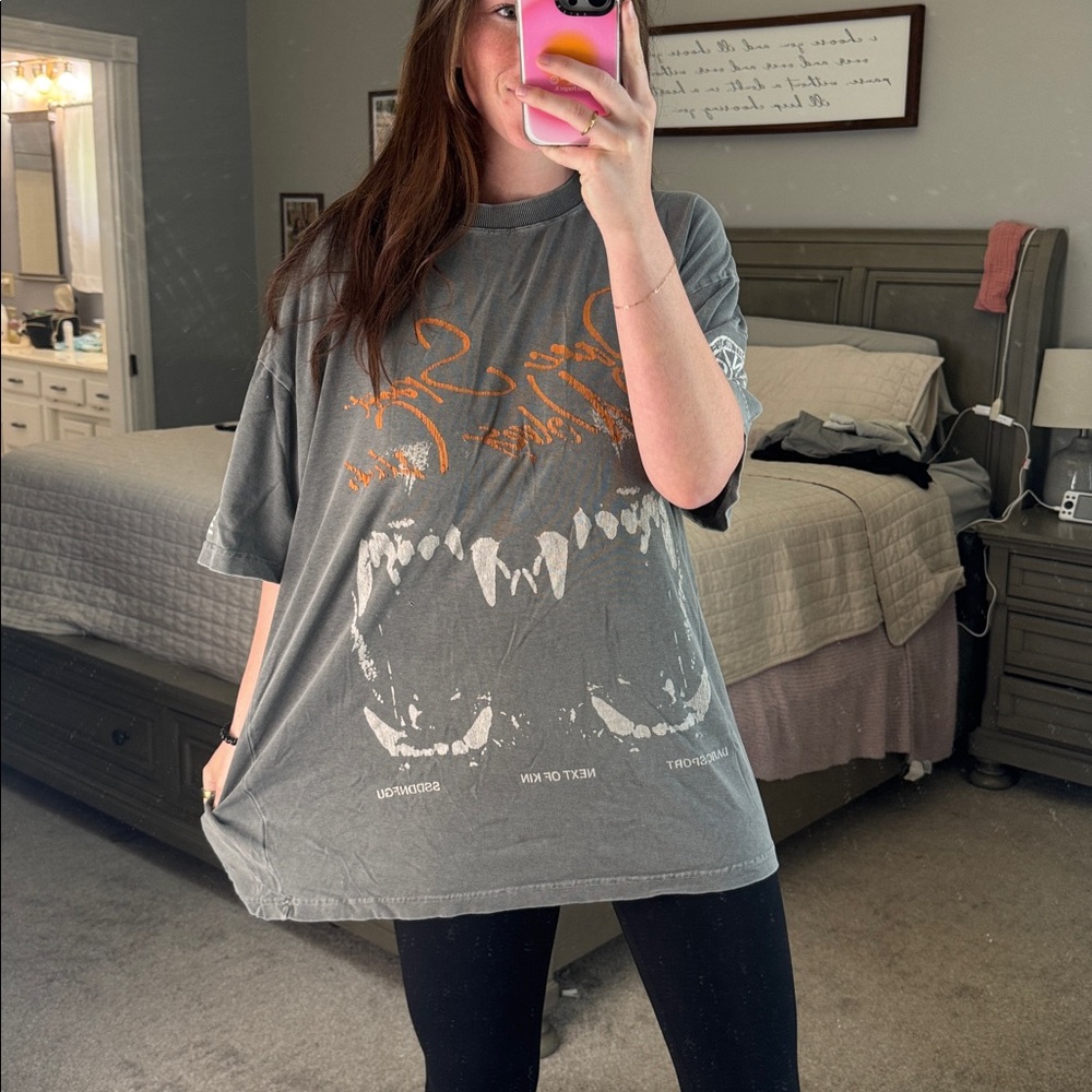 Darc Gray Graphic T-Shirt with Orange and White Print